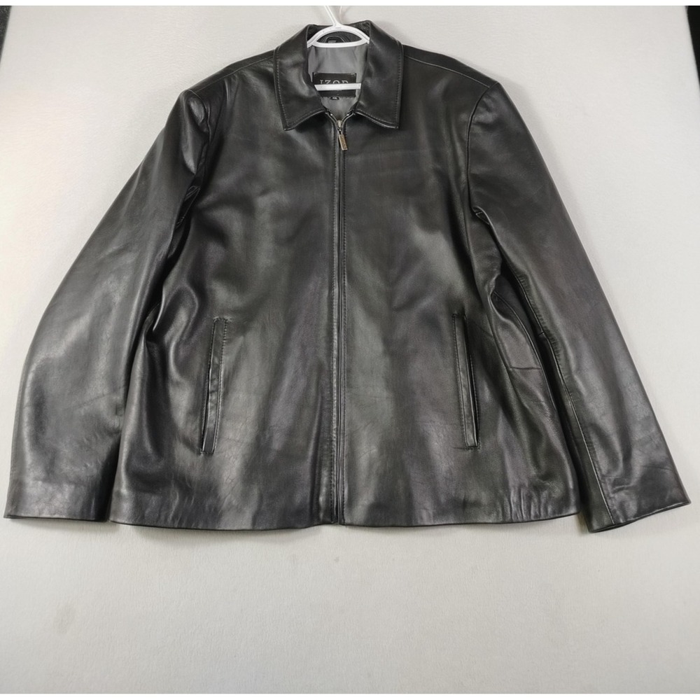 Vintage IZOD Leather Jacket Mens 2XL Black Full Zip Lined Pockets Classic Casual